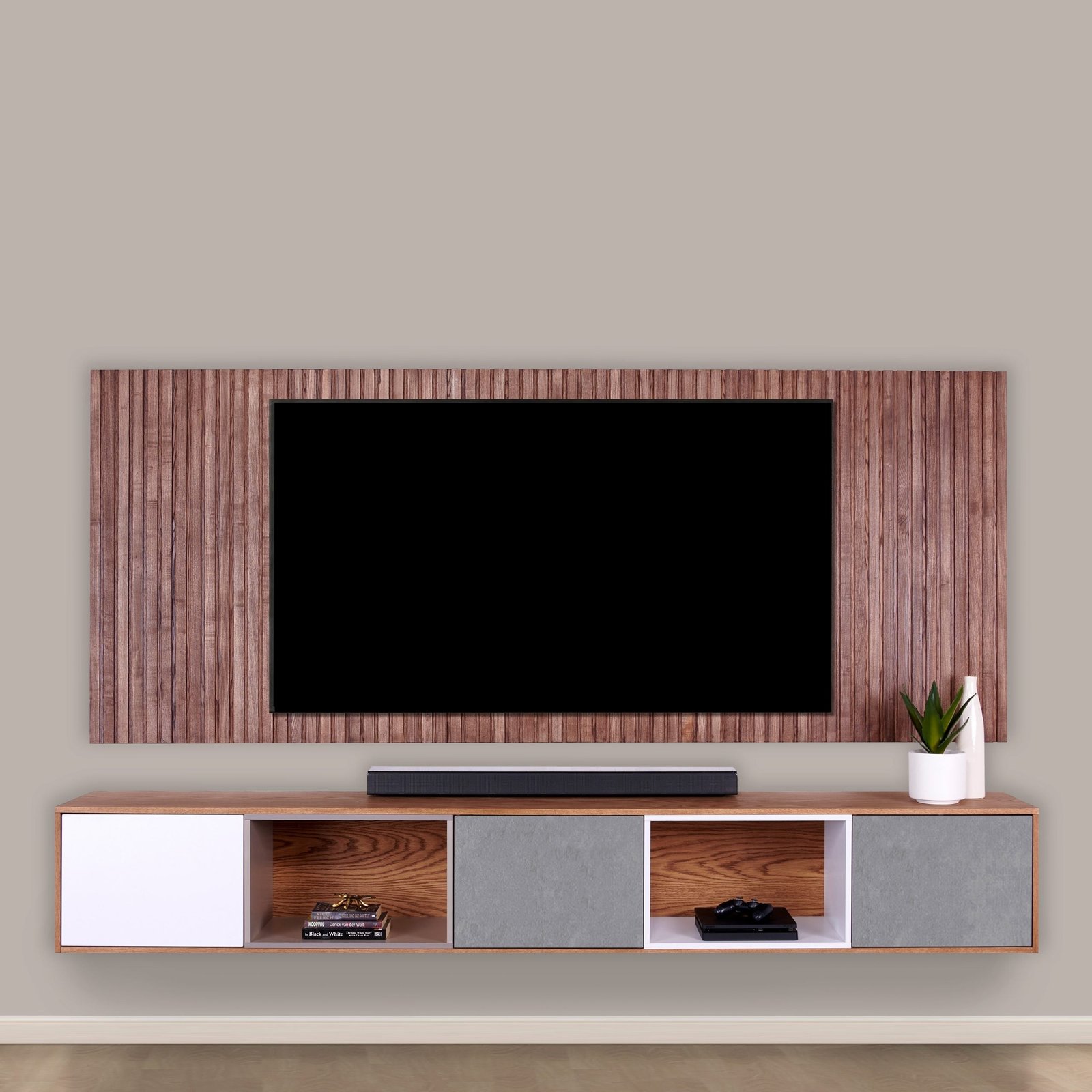 Nahoon - Floating Shelf Under TV with Slatted Wood Backboard