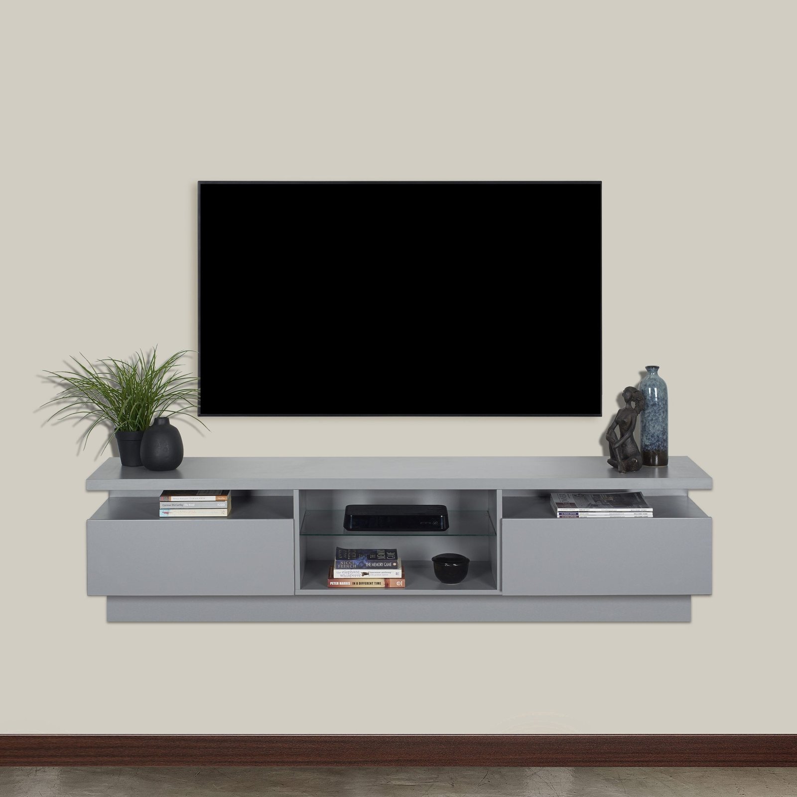 Umhlali - Floating Shelf Under TV – Grey with Glass Shelf
