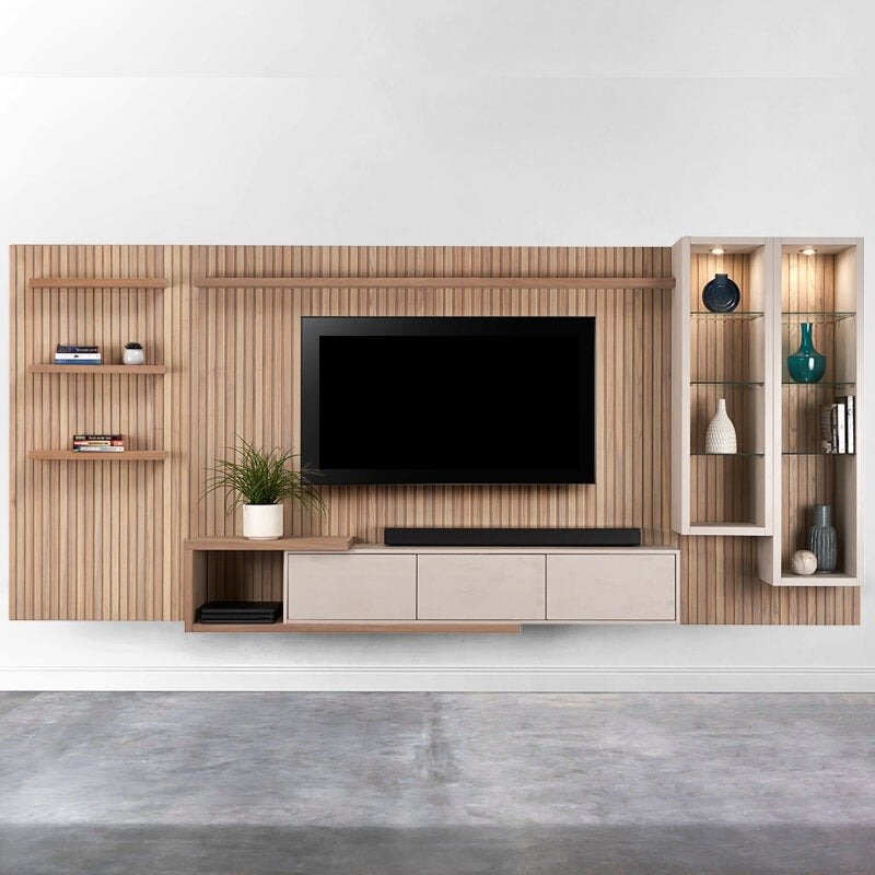 Clarens - Large Wall-mounted TV Stand - Slatted Wood