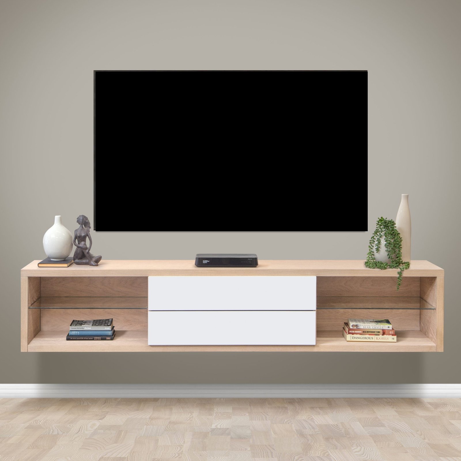 Sheffield - Floating Shelf Under TV – Oak Veneer & White